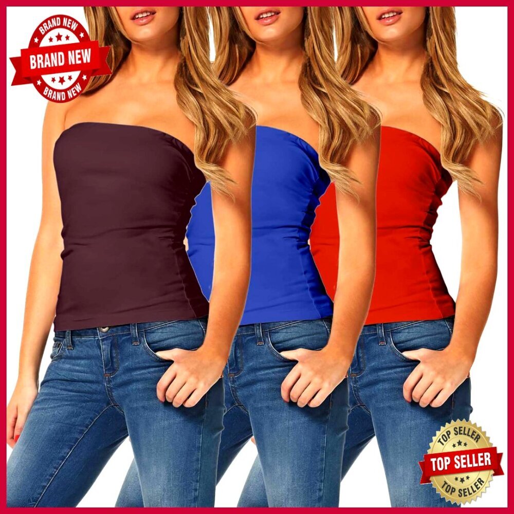 3-Pack Cotton Strapless Tube Tops, Stretchy Crop Length Camisoles for Layering